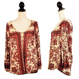 LUCKY BRAND Top, Red White Paisley Floral Long Sleeve Boho Color Block Tassle, S